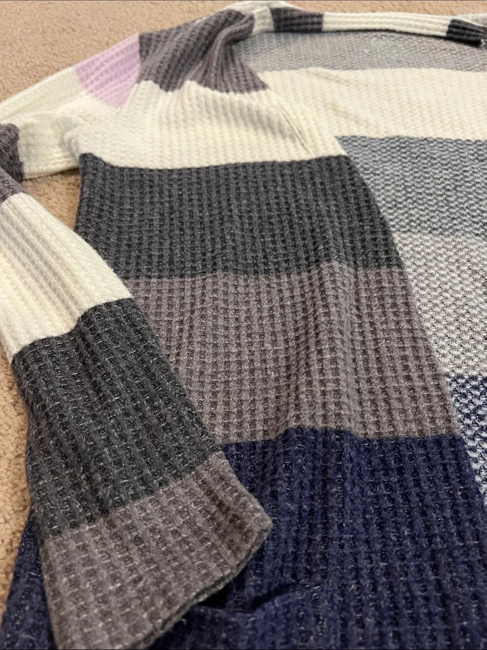 Justice Striped Waffle-Knit Open Cardigan in Gray, Navy & Lilac
